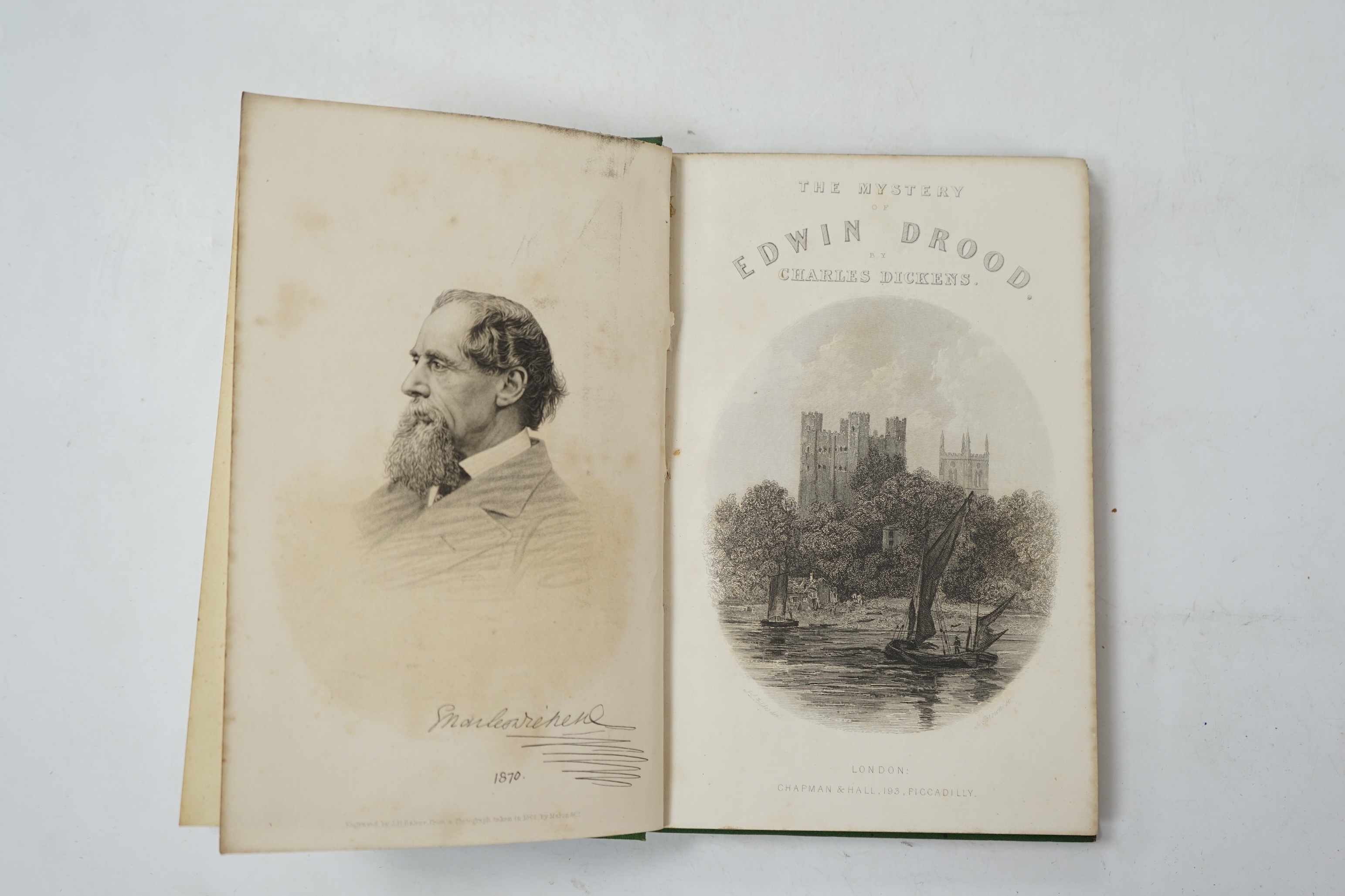 Dickens, Charles - The Mystery of Edwin Drood. 1st edition. engraved pictorial and printed titles, portrait frontis. and 12 plates (by S.L. Fildes), advert. leaf at end; near contemp. gilt decorated green cloth. 1870